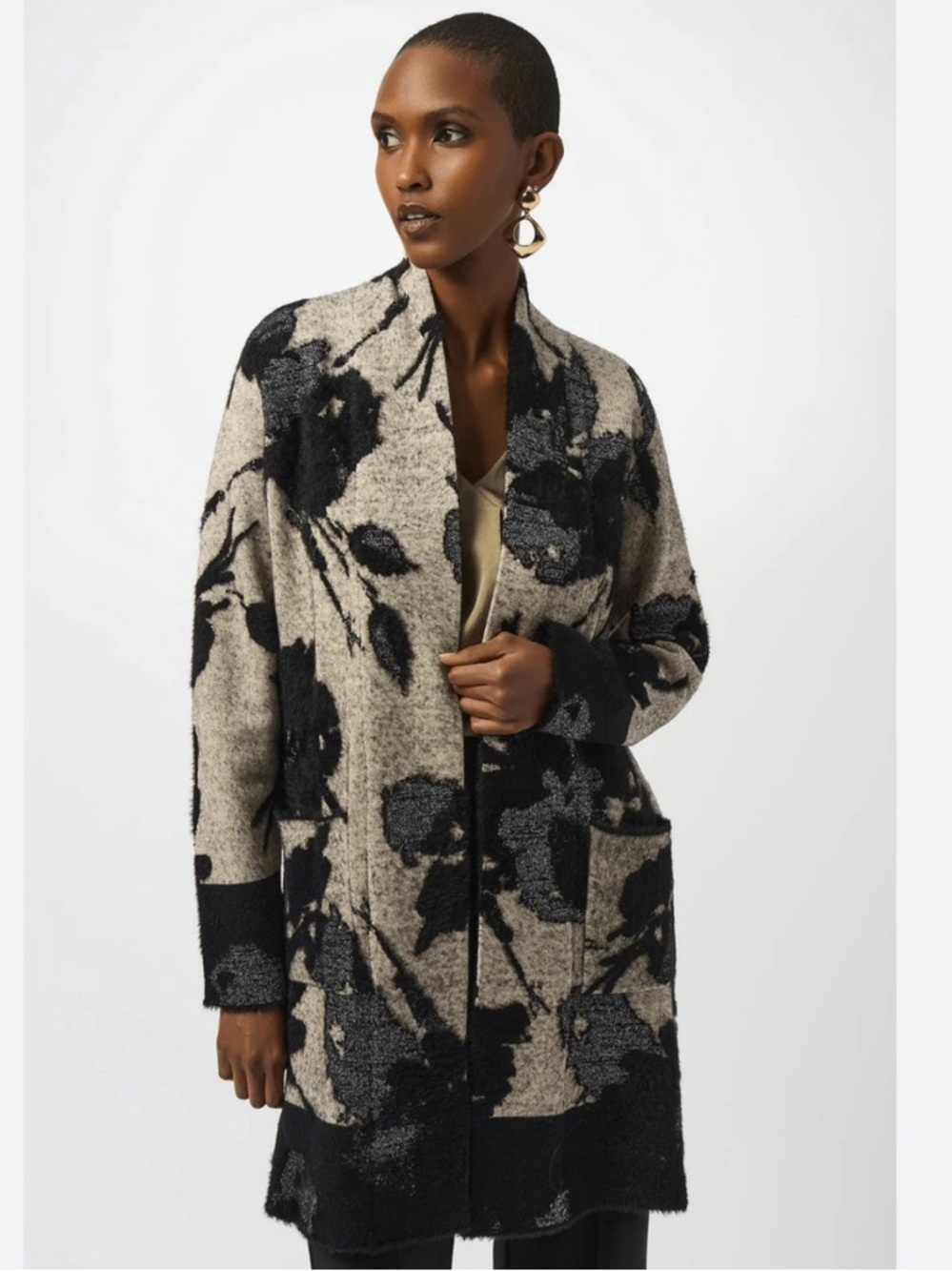 NWT Joseph Ribkoff Champagne/Black Abstract Print Long Cardigan Medium 253956